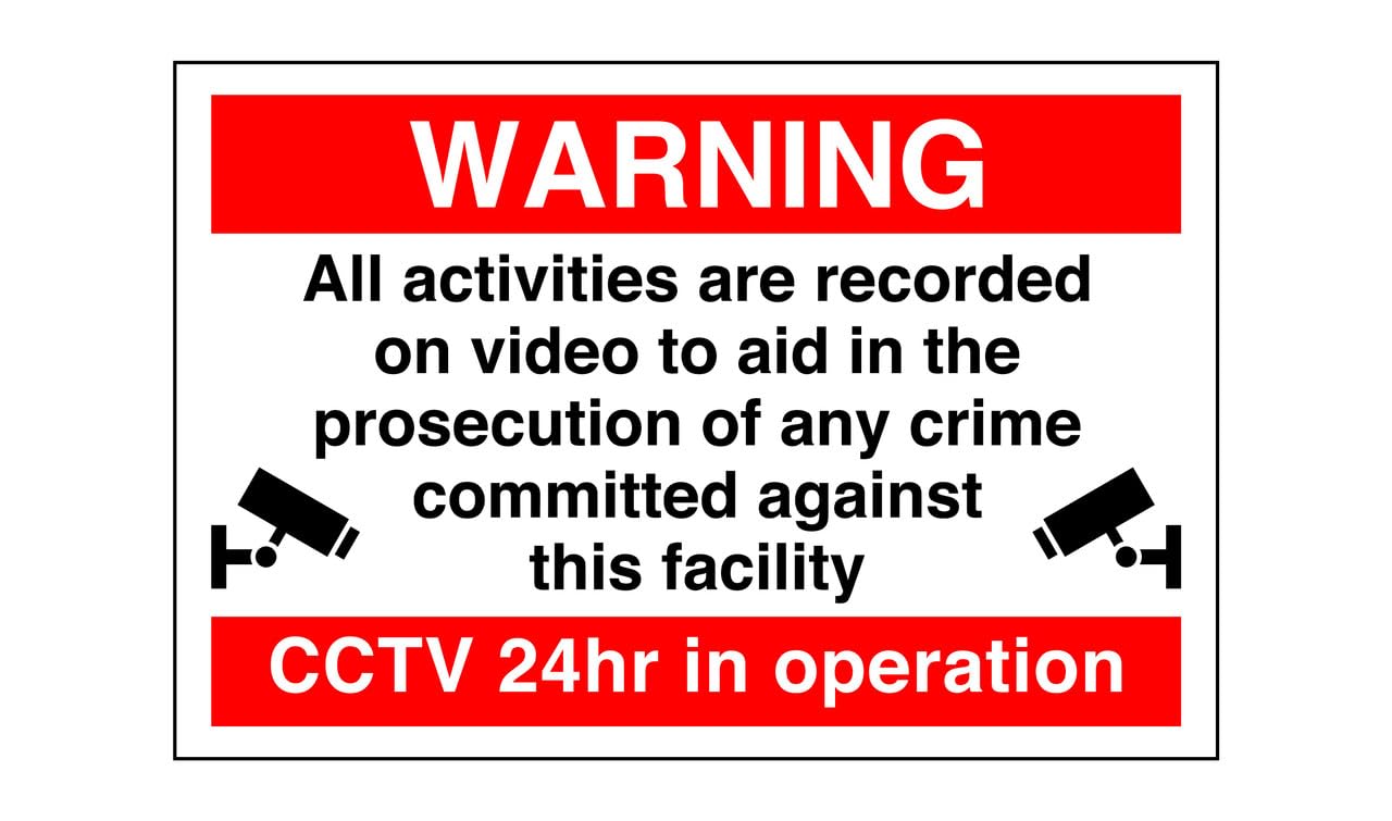 Warning all activities are recorded on video to aid in the prosecution of any crime CCTV sign- 3mm Aluminum Dibond for indoor/outdoor usage (300mm x 200mm) 7m Viewing Distance.