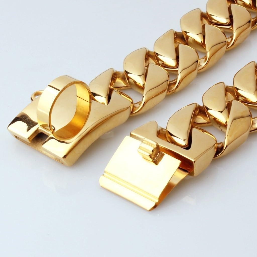Goldfarbenes Hundehalsband, 32mm, Kubanisches Gliederhalsband mit Sicherer Schnappschnalle, 18 Karat Edelstahl, Für Alle Rassen, Mittelgroße Und Große Hunde(Gold,45cm)