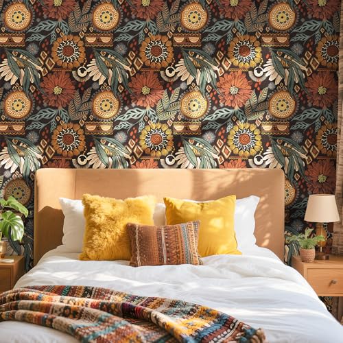 Papel pintado floral bohemio marrón de vinilo impermeable 6