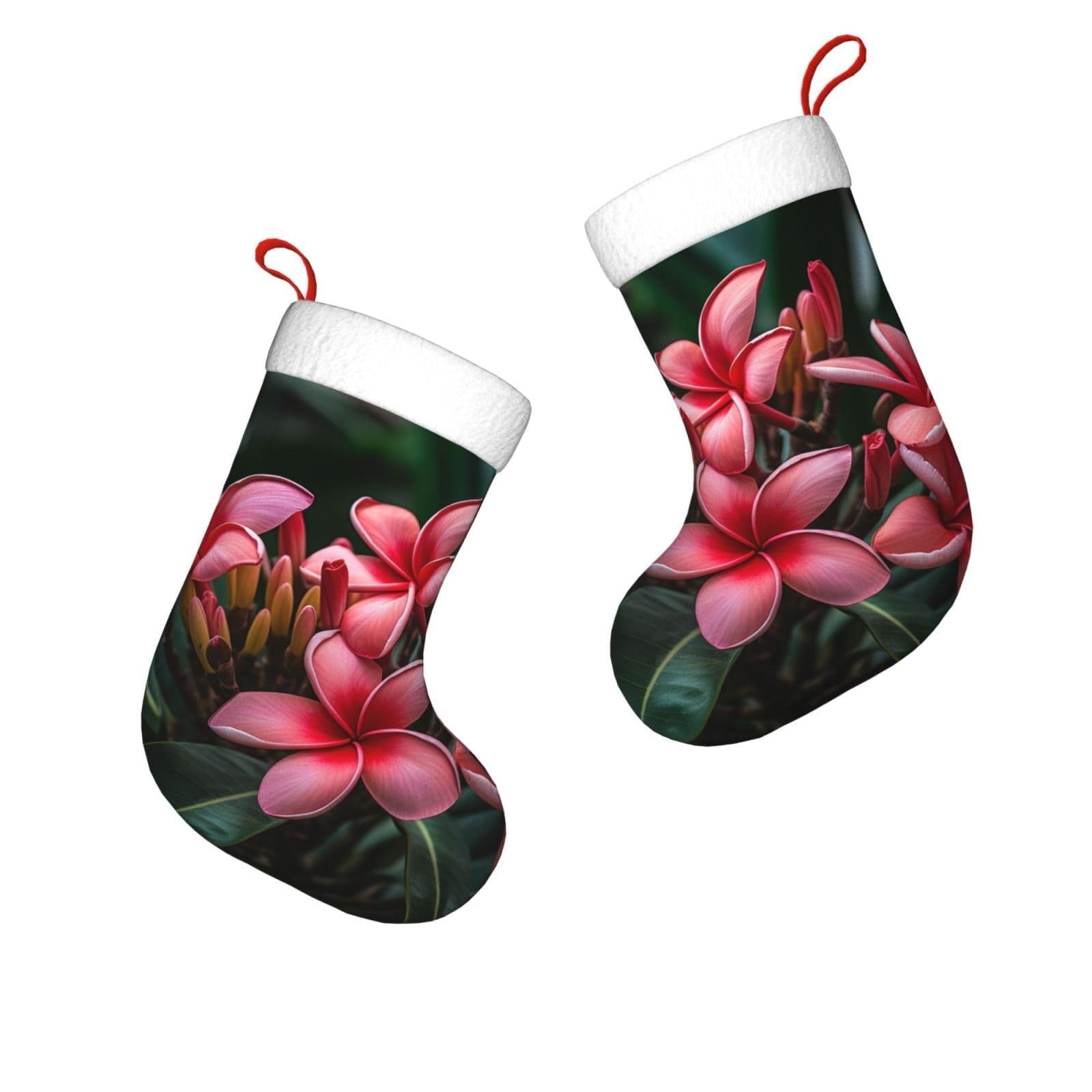 FodPand 17.7" Christmas Stocking 1 Piece, Plumeria Xmas Stockings with White Plush Cuff Fireplace Hanging Stocking for Christmas Holiday Party Decoration
