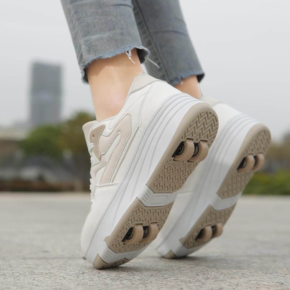 Roller Skate Shoes for Kids Girls Boys Detachable Wheeled Fashion Sneakers Trendy Cool Low Top Retractable Double-Wheeled Shoes for Indoor Outdoor