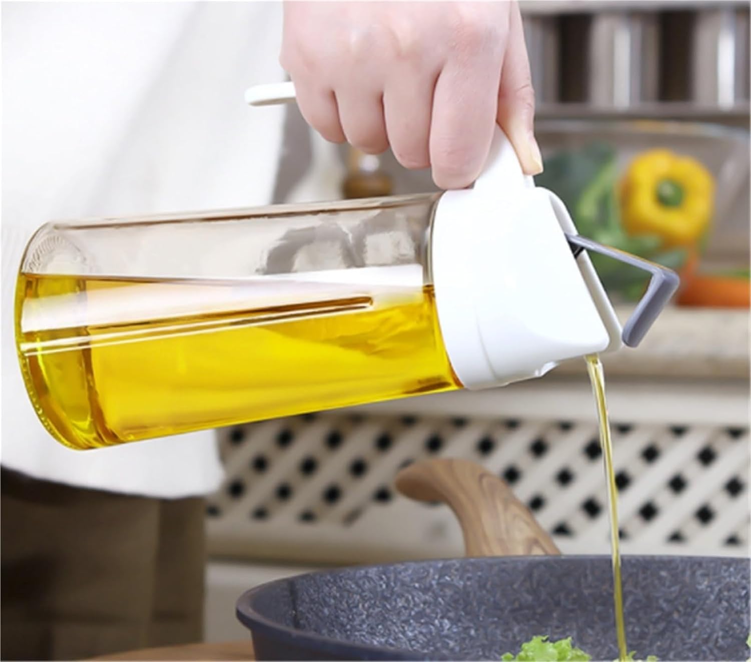 Portabottiglie Olio Vetro Ricaricabile Cucina Contenitore Olio d'Oliva per Friggere Insalata Spruzzo per Air Fryer Erbe, Beige, 600ml