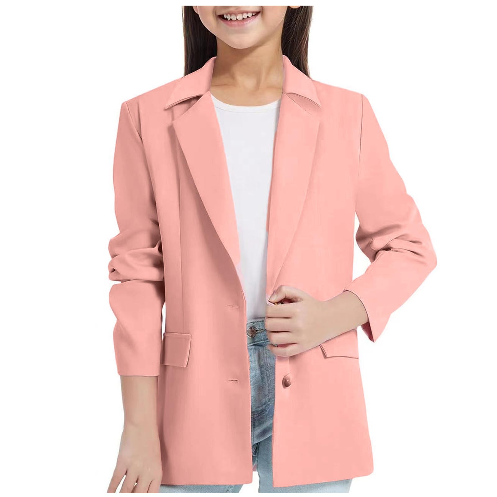 Chaqueta de chal, chaqueta de manga larga con solapa para niñas, chaqueta de traje formal para reuniones formales, presentaciones escolares, #02 Rosa, 140