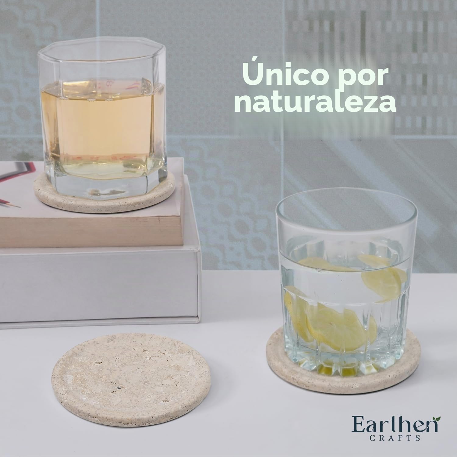 Posavasos de mármol travertino con Tapa de Soporte para Bebidas, Juego de 6 Posavasos de Piedra de 3.5 Pulgadas, Ideal para decoración de Patio, Sala de Estar y Cocina | Posavasos redondos de piedra de 3.5 pulgadas para mesa de café, sala de estar, cocina