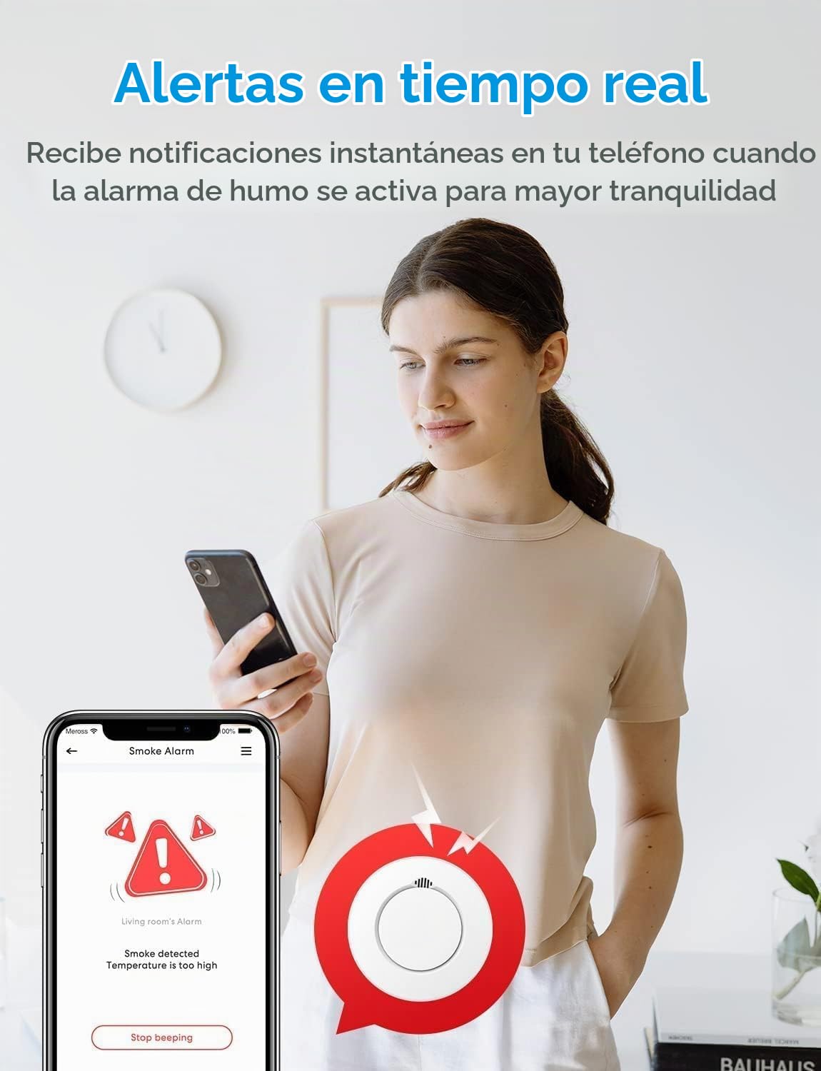 Meross Detector de Humo, Detector de Alarma de Humo con Hub, Compatible con Apple HomeKit, con Silencio y Autotest, Probado Según VDS DIN EN 14604, Blanco