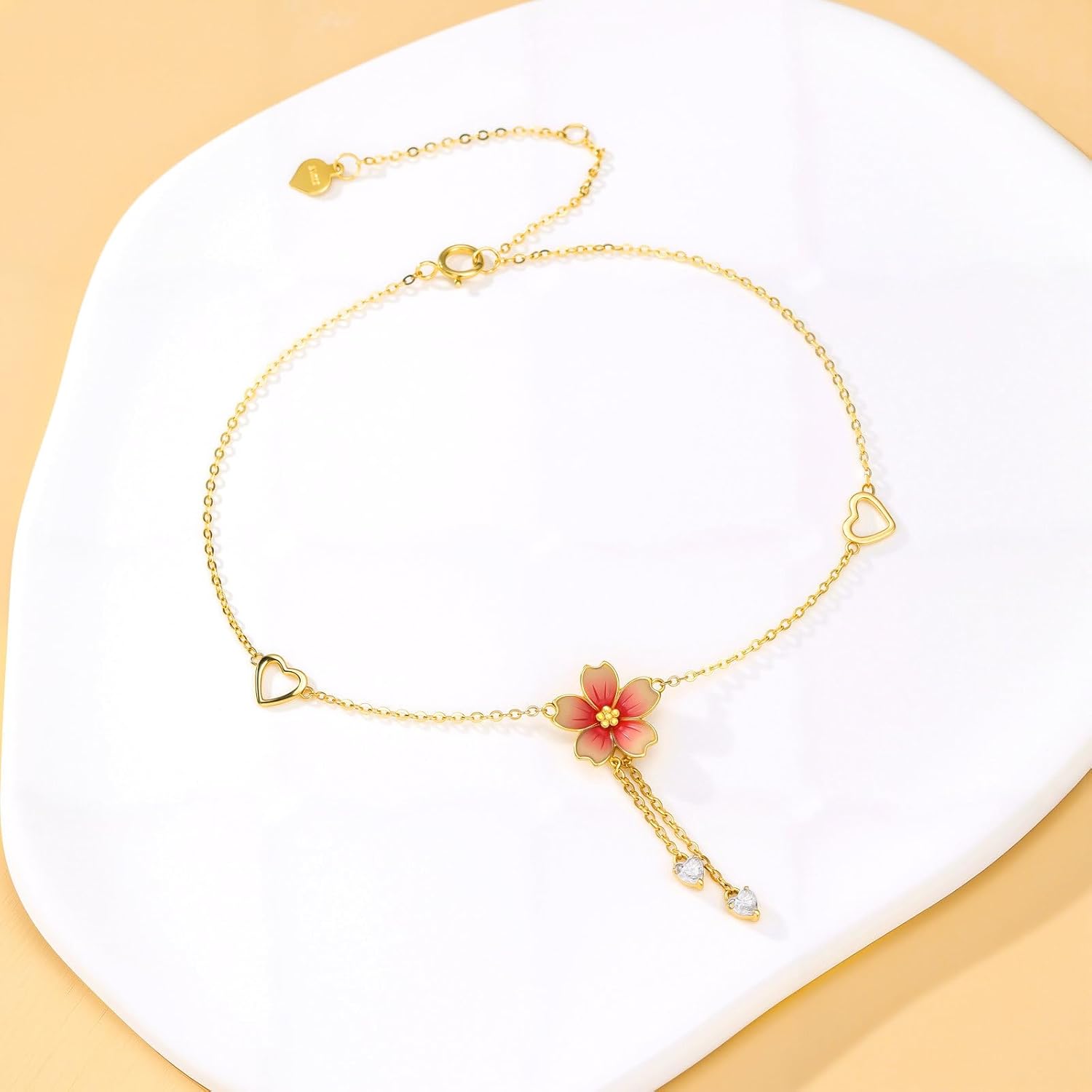 10K/14K Solid Gold Cherry Blossoms Dangle Anklet for Women,Dainty Moissanite Hearts Flower Anklets Foot Link Anniversary Birthday Jewelry Gifts for Wife Mom 8''+2'' - Image 3