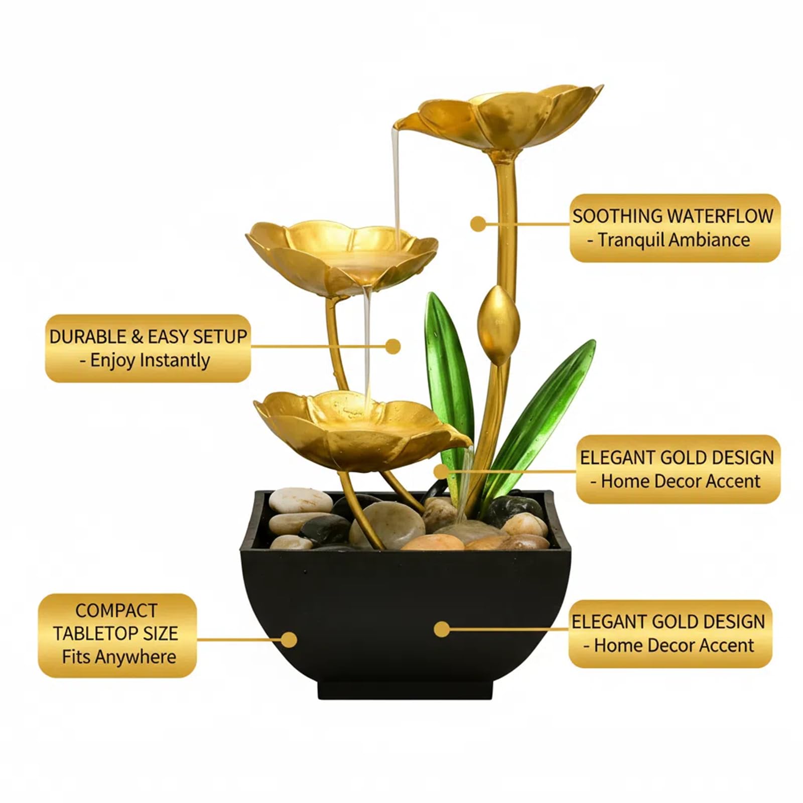 Gold Tabletop Water Fountain, Fall Decor Desktop Waterfall, Indoor Lotus Desktop Decorative Fountain, Home Bathroom Bedroom Decor. 7