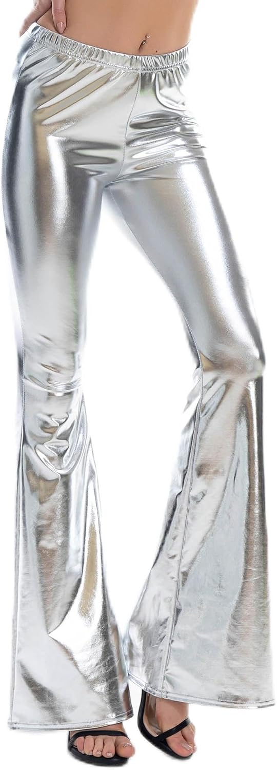 Sexy PU Leather Metallic Pants Shiny Pants Women Bodycon Elastic Waist Bell Bottom Trousers Dance Performance Clubwear