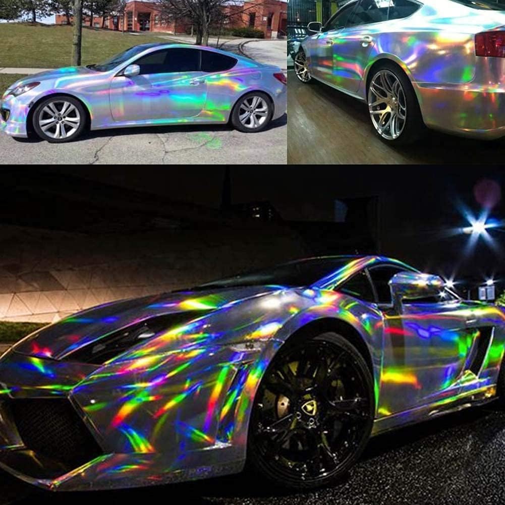 HOMSUN Car Wrap Vinyl Vehicle Self Adhesive Vinyl DIY Decal Camouflage Adhesive PVC Vinyl Film Waterproof Decorative Wrap Sticker Wrapping (Rainbow Holographic, 12 X 36 Inch) 1