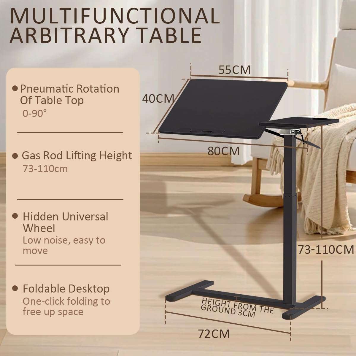 Mesa de cama con ruedas, 80 x 40 cm, plegable de madera maciza, altura ajustable (73-110 cm), mesa de noche inclinable con elevador de gas, ruedas ocultas