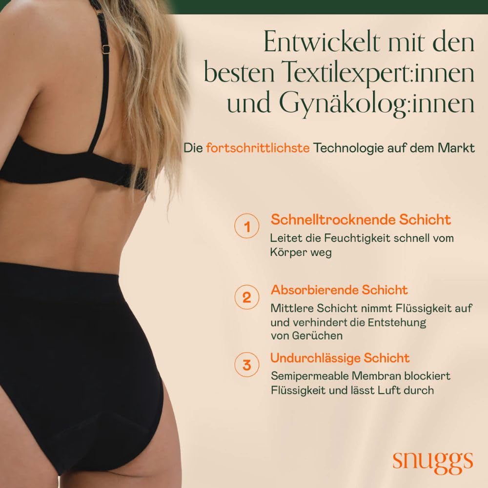 snuggs® Period Underwear Periodenunterwäsche Hugger – Periodenslip für extra Starke Blutung, Dünne und saugstarke Menstruationsunterwäsche, Made in EU, Recyceltes Nylon, Nachhaltige Alternative