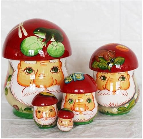 OLOTU Juego de 5 muñecas de anidación rusas de hongos pintadas a mano, juego de 5 artesanías de madera hechas a mano para decoración del hogar