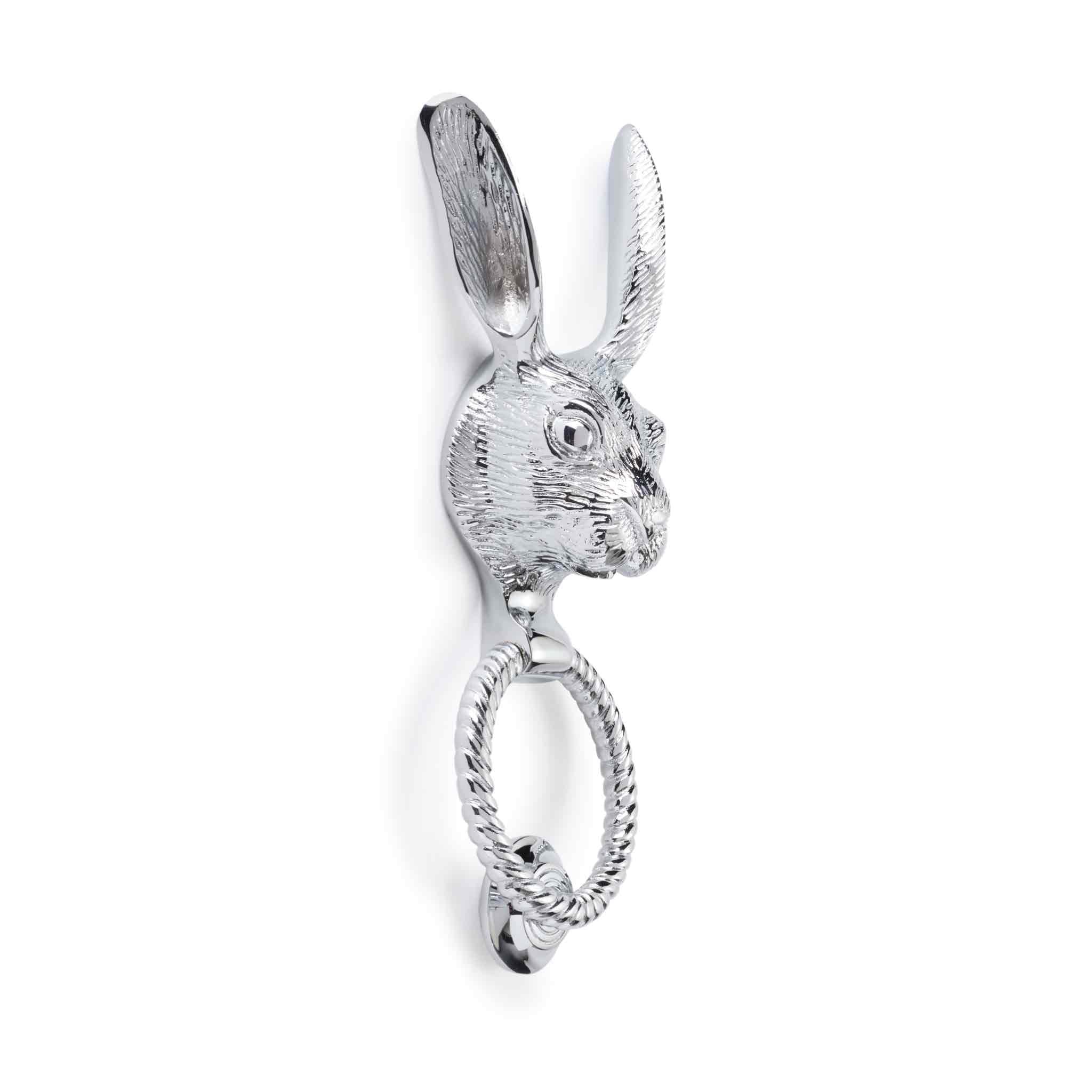 Solid Brass Hare Door Knocker with Reeded Ring – Polished Chrome Finish
