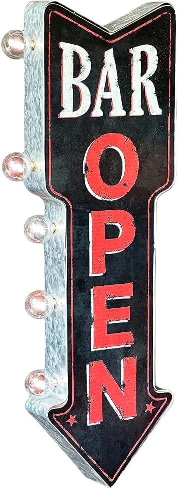Bar Open Double-Sided Marquee Sign With Vintage Print And LED Bulbs Retro Inspired Decor For The Home (26” x 3” x 8”)
