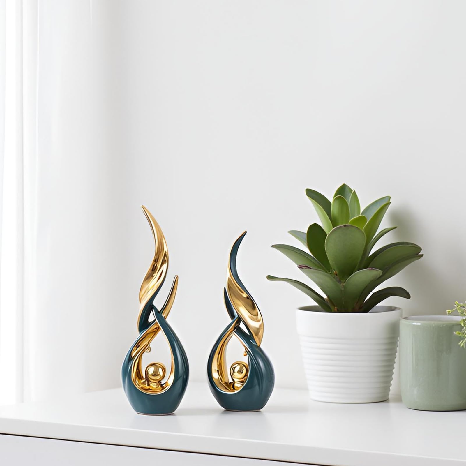 XMGZQ Juego de 2 estatuas abstractas de cerámica Dorada, Arte Abstracto Moderno de Mediados de Siglo, decoración del hogar, repisa de Chimenea en un Estante único, Divisor de Mueble de TV (Verde)