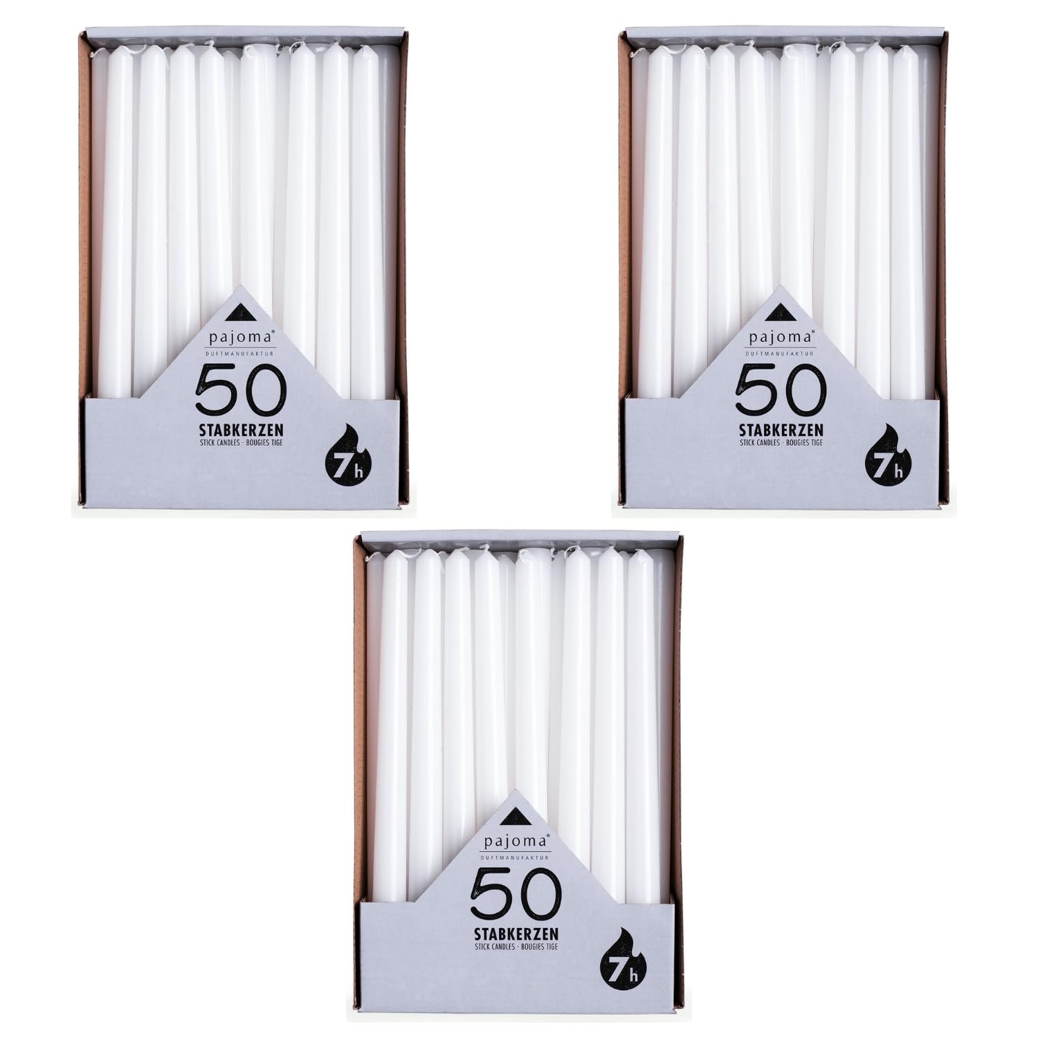pajoma® Świece prętowe, białe, 150 sztuk, wysokość 25 cm, czas palenia ok. 7 godzin, bezzapachowe, wszechstronne zastosowanie do świeczników, dekoracji i uroczystych okazji