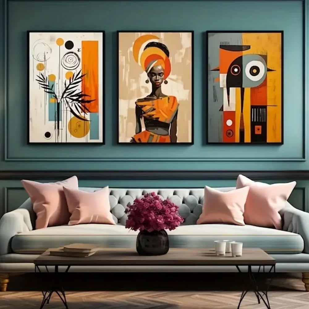 Hurcp Black Set Of 3 Canvas Poster Abstract Ethnic African Afro Bohemian Woman Warm-Toned Wall Art Painting Gift Bedroom Living Room Dorm Gallery Corridor Decor Picture Prints,30X40 Cm (11.8X15.8 In)