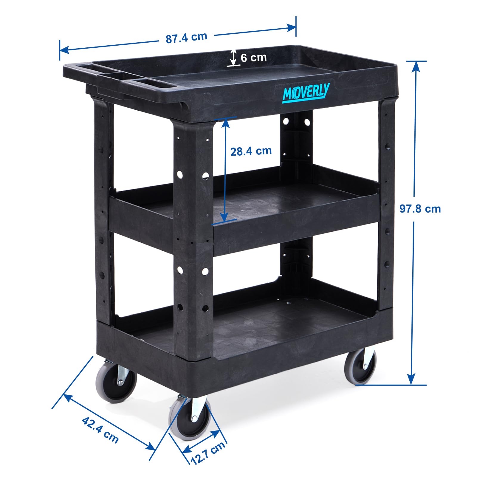 3-stufiger Rolling Cart, Schwerlast-Utility-Trolley, Server-Handwagen, 86 cm x 43 cm x 98 cm, mit 4 drehbaren Rädern, bis zu 250 kg belastbar, schwarz