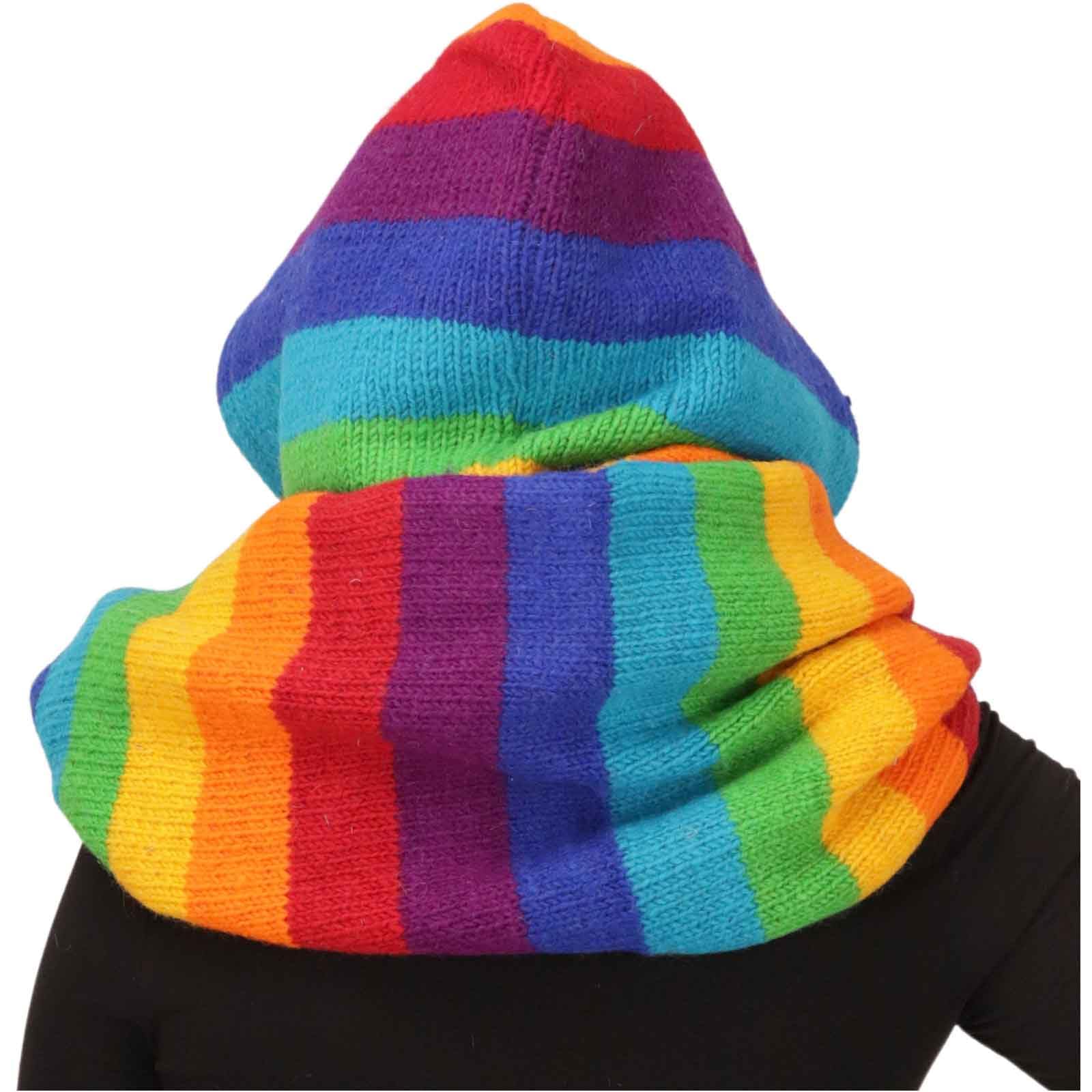Kunst und Magie Damen Kapuzenschal Loop Schal Hoodie Schalmütze Poncho Regenbogenfarben aus Wolle gestrickt Strick Kapuze