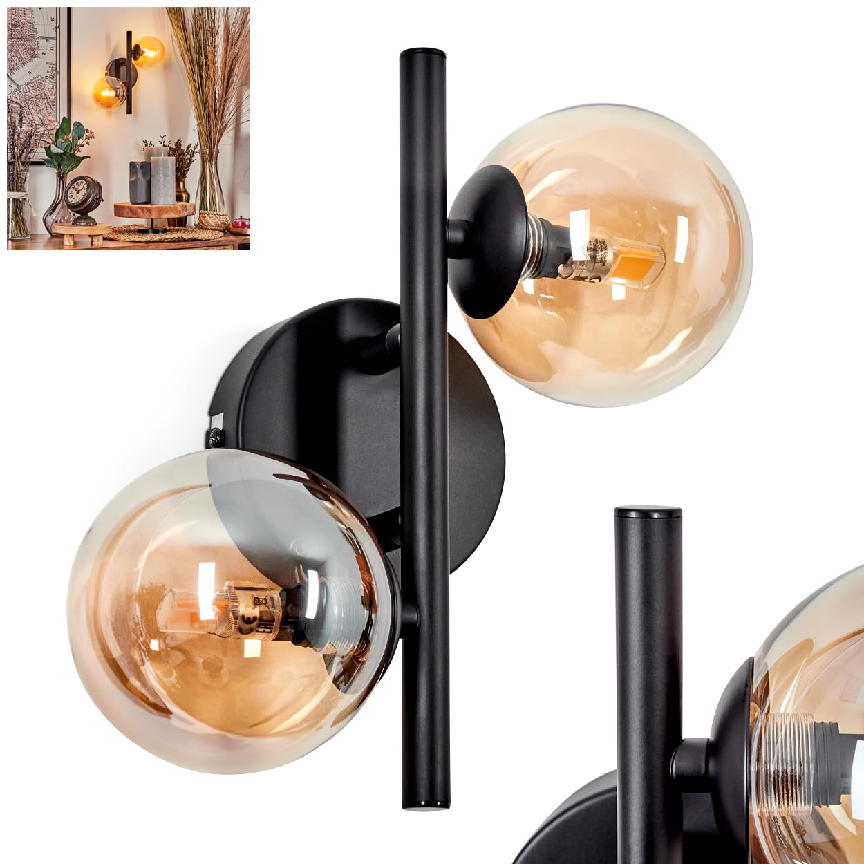 Wandleuchte Chehalis, Wandlampe aus Metall/Glas in Schwarz/Bernsteinfarben, Leuchte im Retro/Vintage-Design mit Schirmen aus Glas (Ø 10 cm) u. An/-Auschalter am Gehäuse, 2 x G9, ohne Leuchtmittel