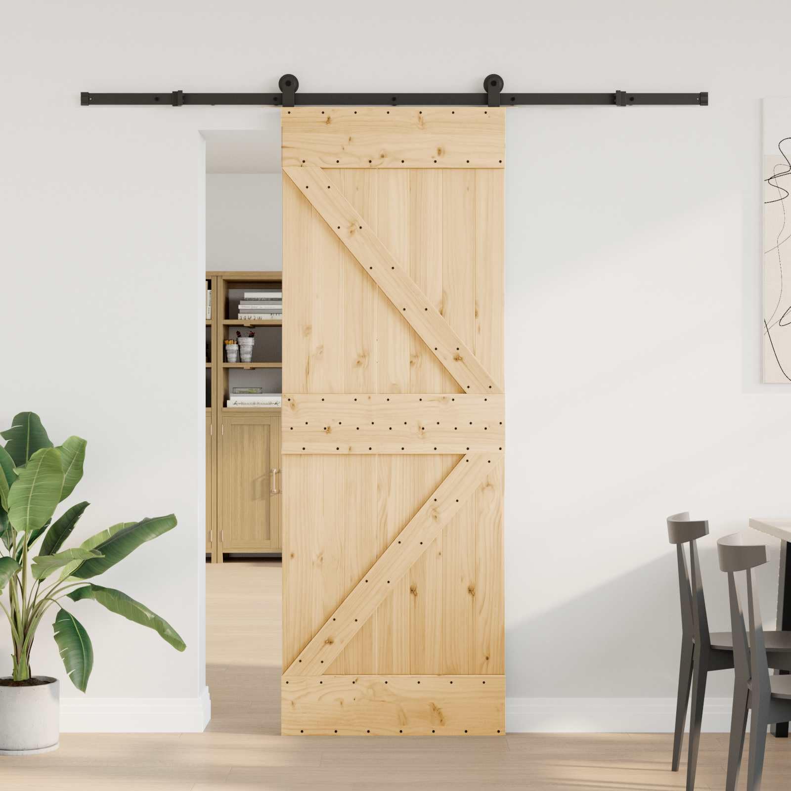 NARVIK - Porta scorrevole in legno di pino massiccio e acciaio, 70 x 210 cm, sistema di porta salvaspazio per interni, moderna