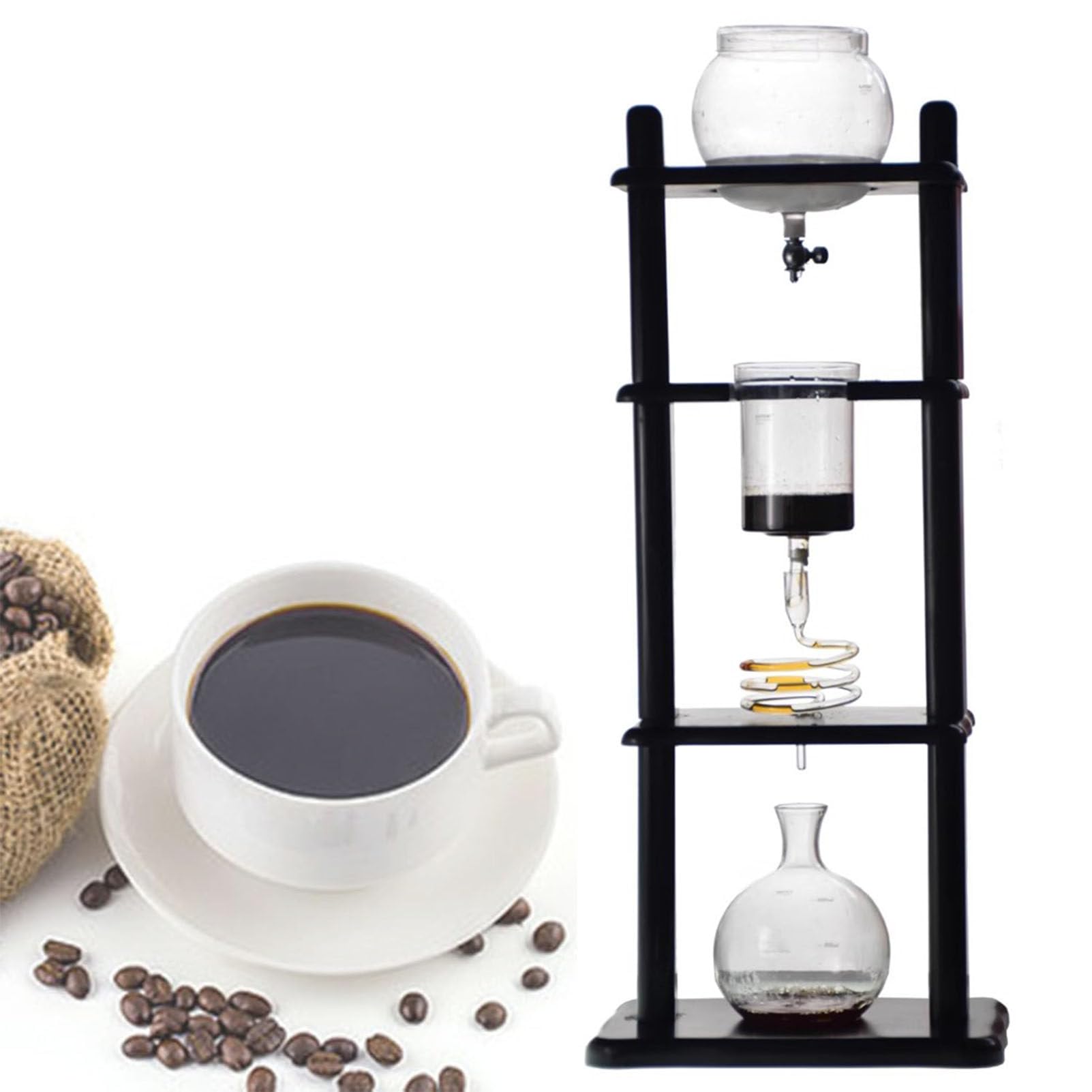Ekspres do kawy przelewowej Ice Drip, przenośny 5-8 filiżanek, ekspres do kawy przelewowej Cold Brew, domowy, komercyjny, biurowy, ekspres do kawy przelewowej Pine Wood & Glass Tower