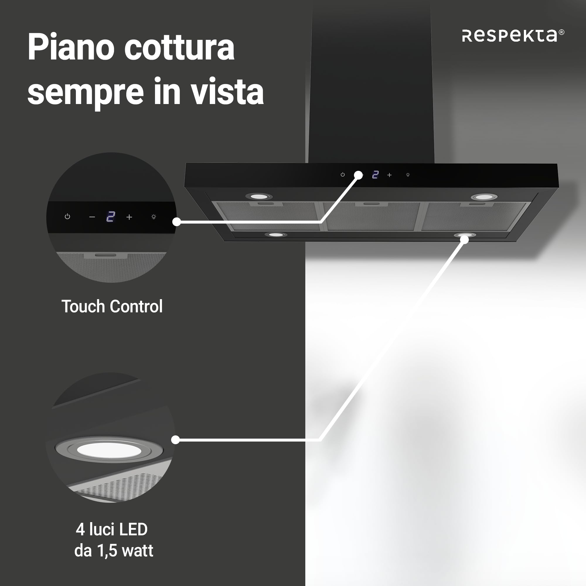 Cappa aspirante a isola, 90 cm, nero opaco, Touch Control Respekta