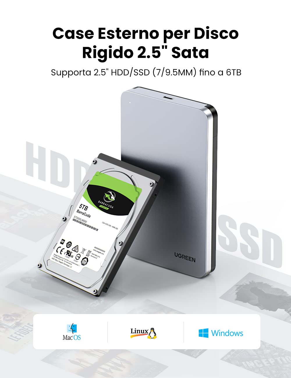 UGREEN Case Esterno per Disco Rigido 2.5" USB C 3.1 Gen 2 UASP 6Gbps Case Hard Disk Esterno per 7mm e 9.5mm SATA I II III HDD SSD 2.5" da 6TB Compatibile with WD Toshiba Seagate Hitachi, PS4, Xbox