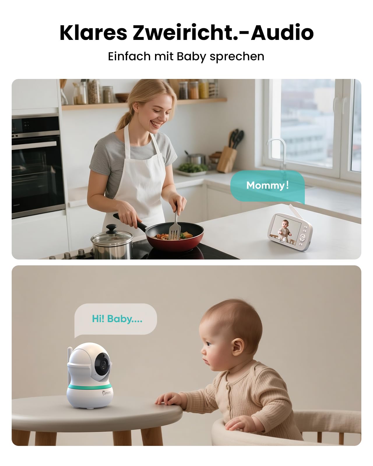 Babyphone mit Kamera, 5000 mAh Akku mit 5 Zoll Bildschirm, 355° Schwenken- 4X-Digital-Zoom, Babyfone ohne WLAN, 2 Wege Audio, Weinen/Geräuscherkennung, 5 Schlaflieder, Nachtsicht