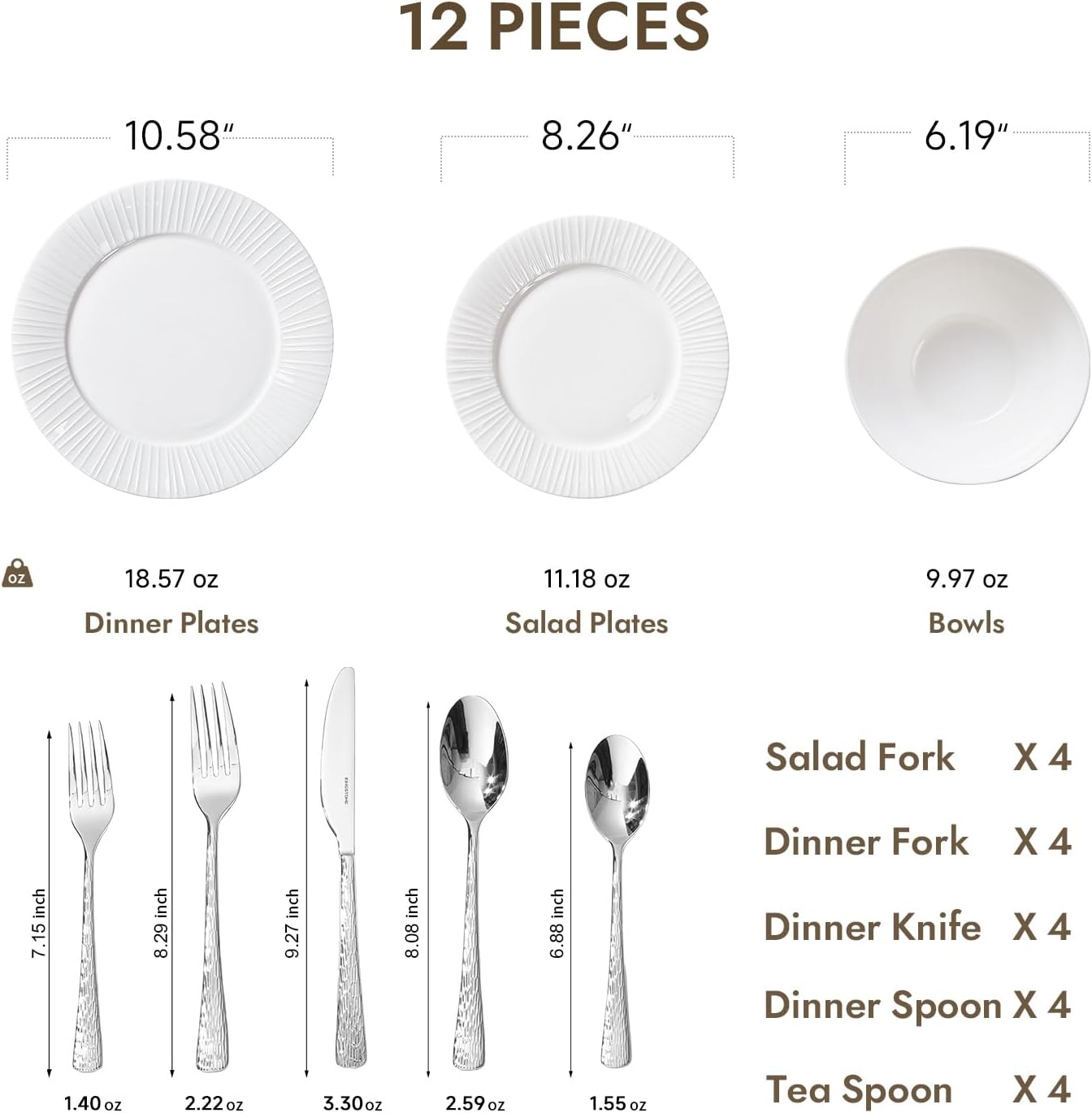 kingstone 12-piece bone china dinnerware set with 20-piece flatware, white lightweight porcelain service for 4, for family dining, restaurants, gifting?microwave and dishwasher safe white service for 4-12pcs with 20pcs flatware set