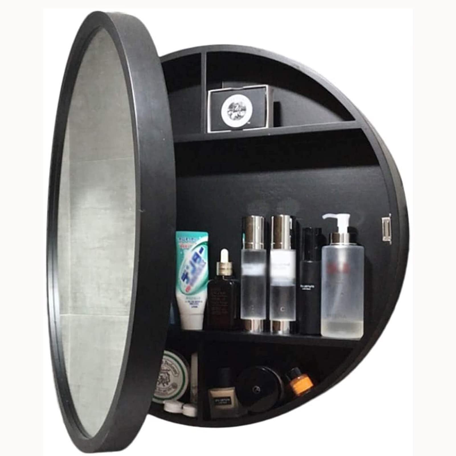 Espejos de baño de Madera Maciza - Espejo de tocador Grande corredizo montado en la Pared con función de Almacenamiento for Muebles - Espejo de Pared Redondo(Black,60cm)
