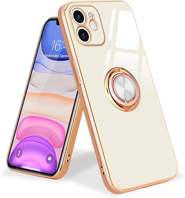 Urarssa for iPhone 11 Phone Case Magnetic Ring Holder 360 Degree with Rotation Finger Car Holder Shockproof Case Cover for iPhone 11-White