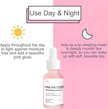 PHA 5% Exfoliating Lip Serum-Hydrating Overnight Lip Exfoliator,Hydrating Overnight Lip Mask & Pre-Matte,Gently Smooths & Plumps Lips,Vegan,Fragrance-Free,15ml