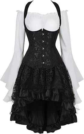 Grebrafan Embroidered Corset Skirt with Blouse Steampunk 3 Piece Underbust Corsets Costume