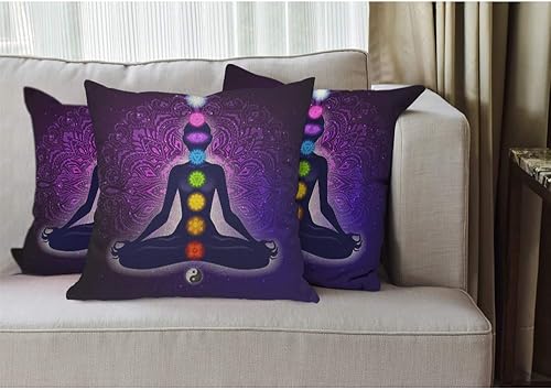 Miniatura 2 de EKOBLA Funda de almohada con diseño de mujer meditando en forma de loto, colorida funda de cojín cuadrada con 9 chakras y aura, para hombres,