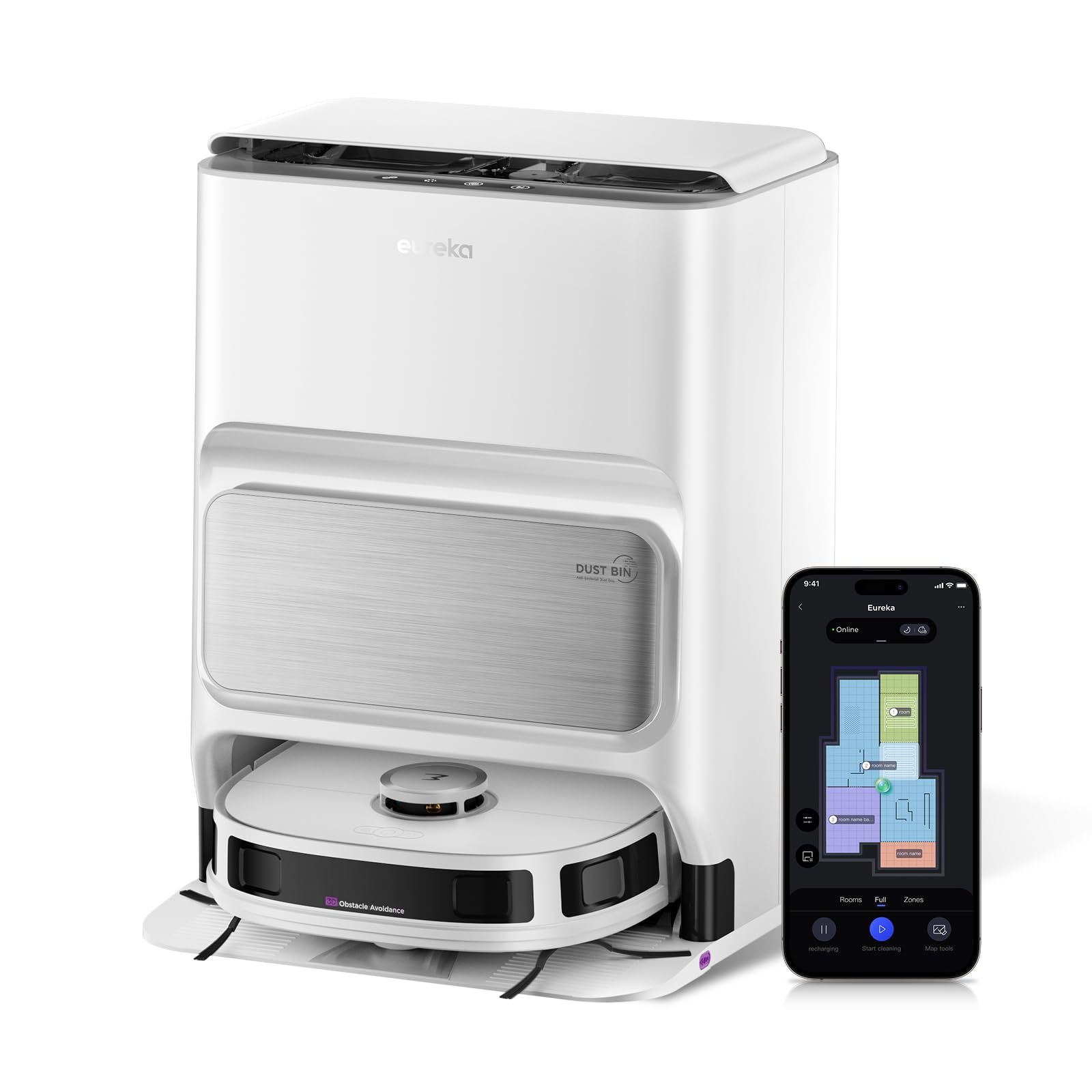 EUREKA J12 Ultra DE Saug- & Wischroboter + All-in-One Station (KI-3D-Hinderniserkennung, intelligente Haustierumgehung, Auto Teppicherkennung, ideal gegen Tierhaare, App- & Sprachsteuerung) weiß