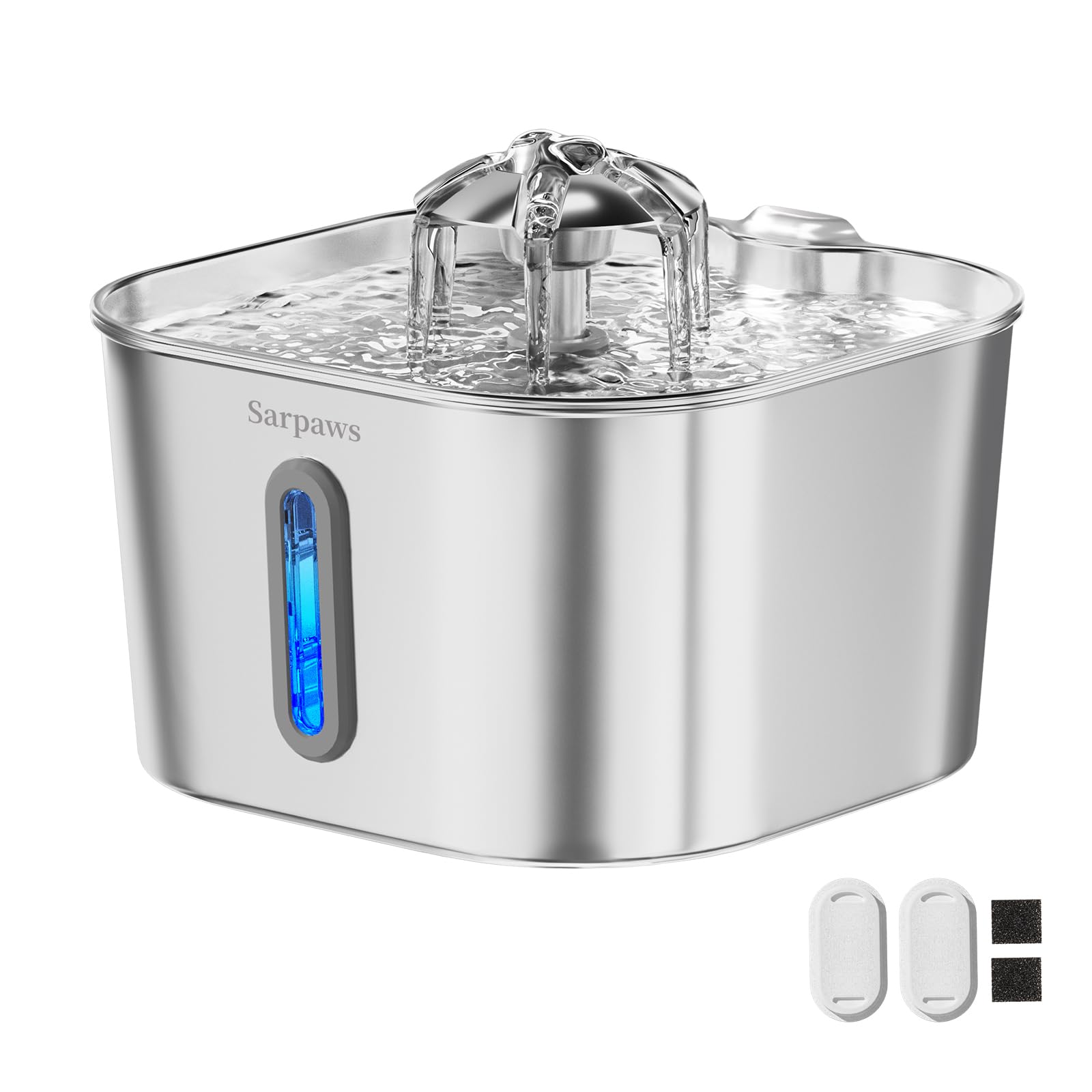 Cat Water Fountain Stainless Steel：74oz/2.2L Water Fountains for Cats Indoor, Cat Fountains for Drinking, Ultra-Quiet, Water Level Window, Pet Water Fountain - 2 Filters + 2 Sponges