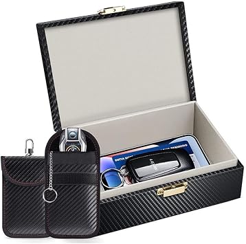 Car Keys Faraday Box Car Key Signal Blocker Box with 2 Pack Keyless Entry Car Key Faraday Pouch Anti-Theft RFID Key Box Protector, Keyless Cars Security Anti Theft Box and Bags