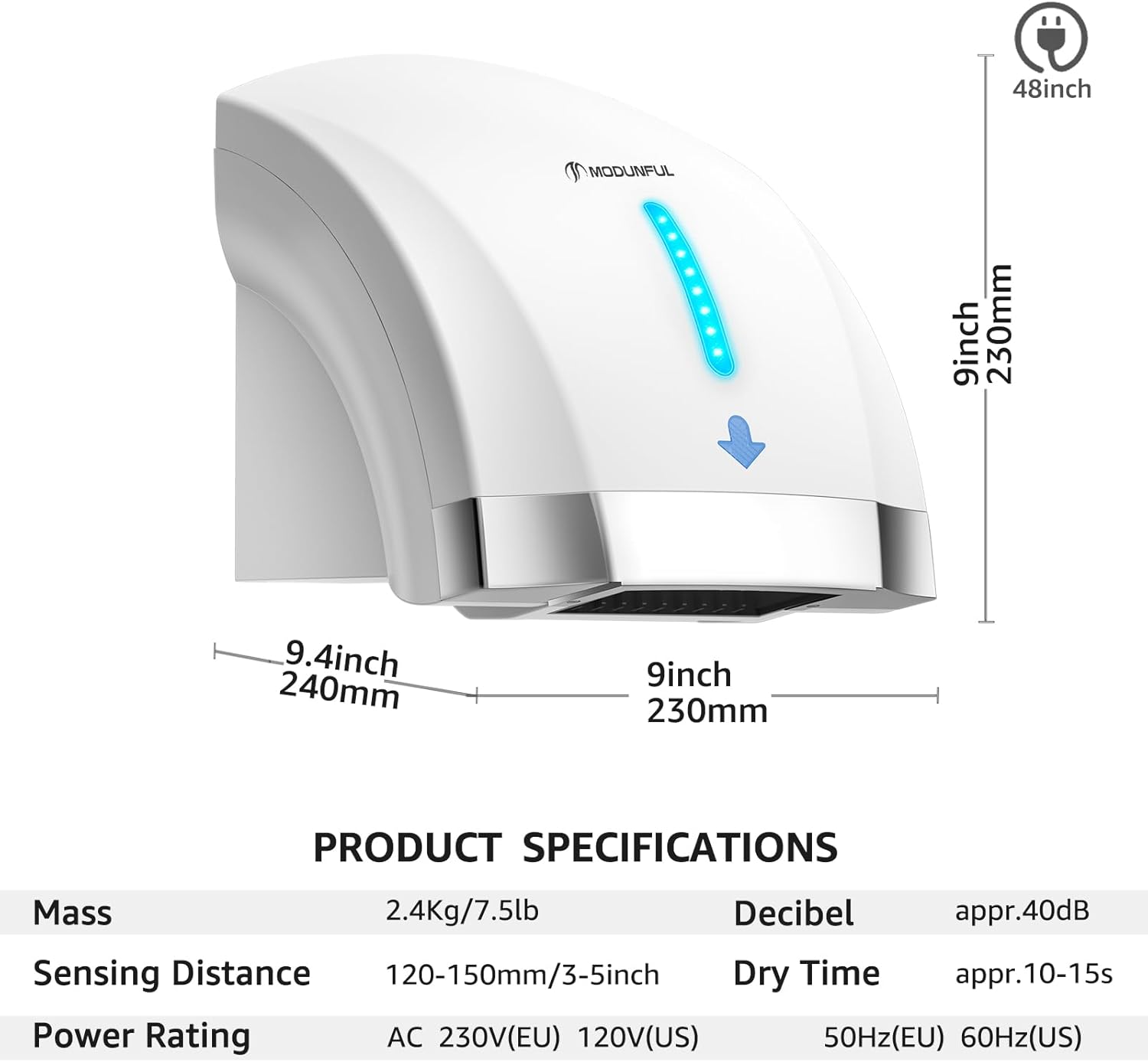 modunful Hand Dryers for Bathrooms Commercial, Electric Hand Dryer Touchless, Extra Quiet Low Noise(40db), Wall Mounted Type(1600W) (White)