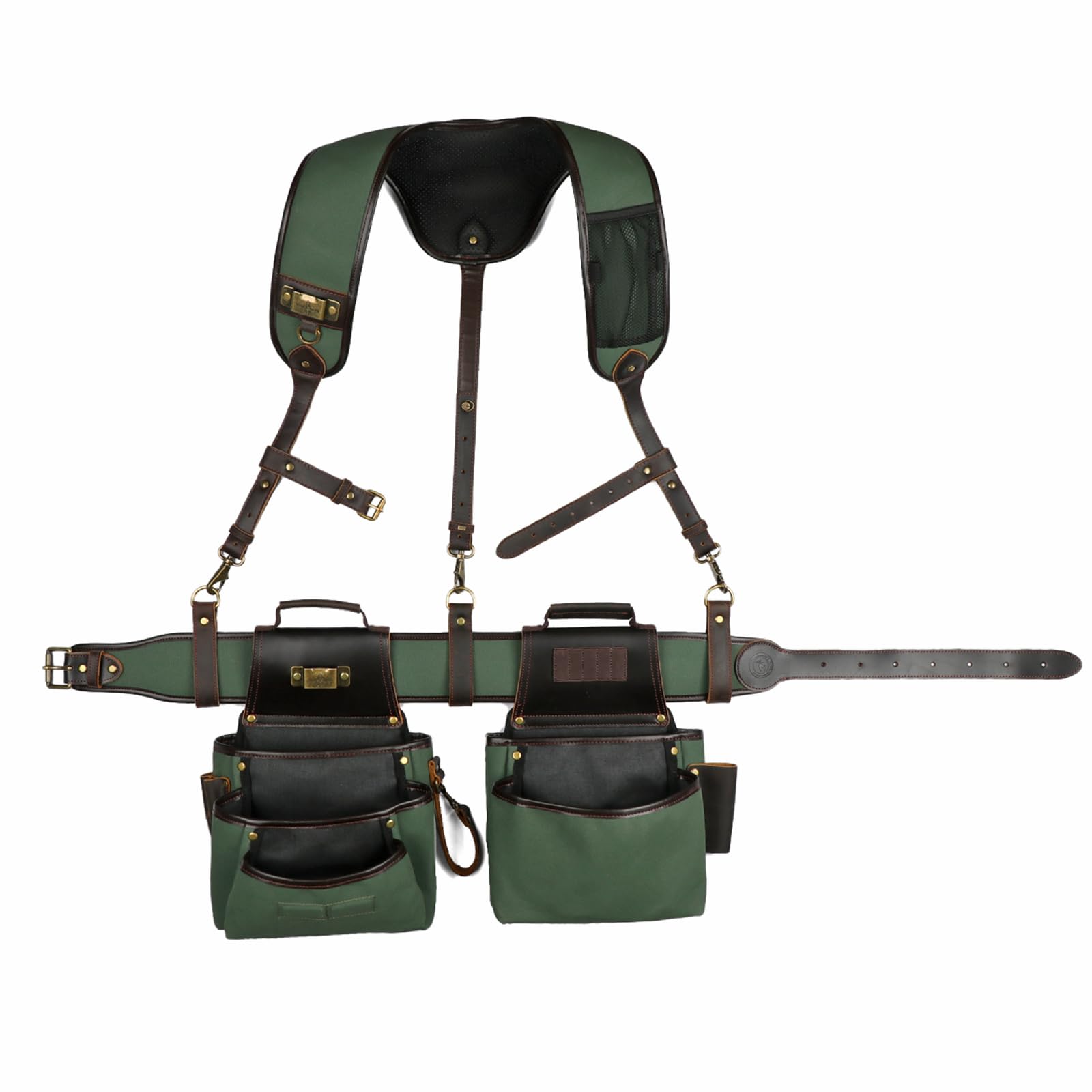TOURBON Canvas and Leather Carpenters Tool Belt with Suspenders Multi Pockets Electrician Construction Builders Bag
