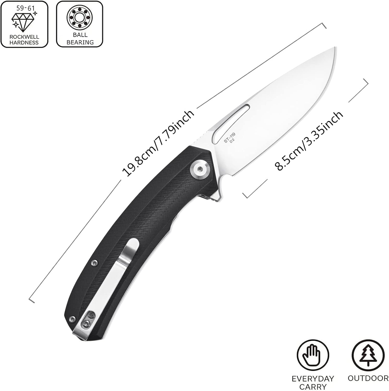 Sitivien ST119 Folding Knife, D2 Steel Blade and G10 Handle EDC Tool Knife with Pocket Clip for Outdoor Camping Hiking Survival(Black)
