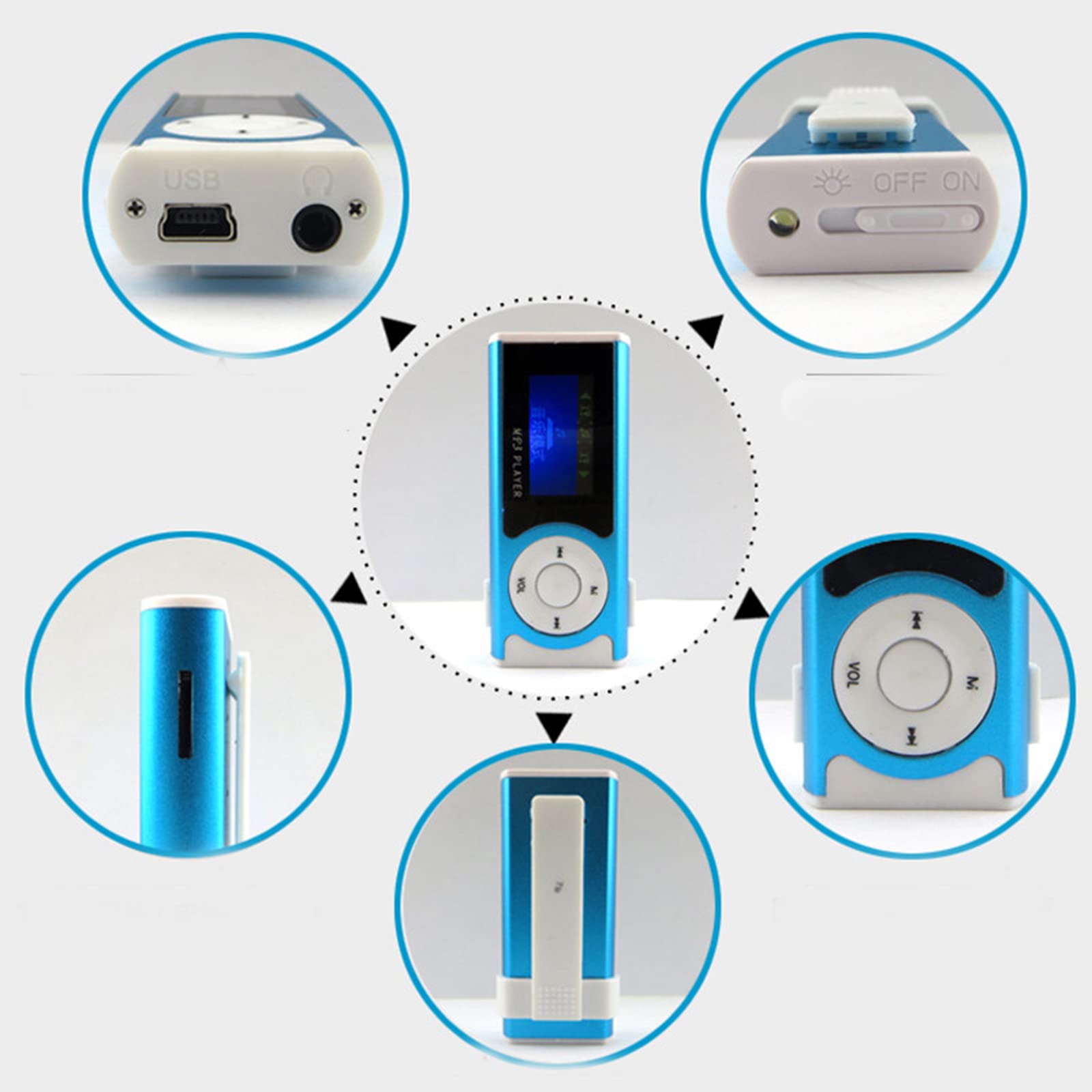 Reproductor de MP3 Deportivo portátil, Mini Linterna con Clip Trasero Walkman para Estudiantes, con Auriculares y Tarjeta de Memoria,Blanco,8GB