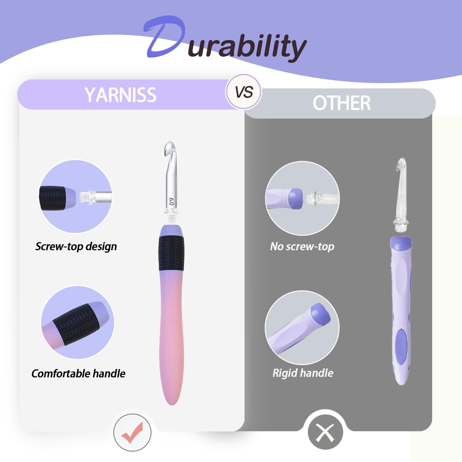 Yarniss Interchangeable Crochet Hooks with Screw Handle,8 Size Ergonomic Crochet Hooks with Comfortable Handle 2.5~6.5mm,Gradient Purple — view 4
