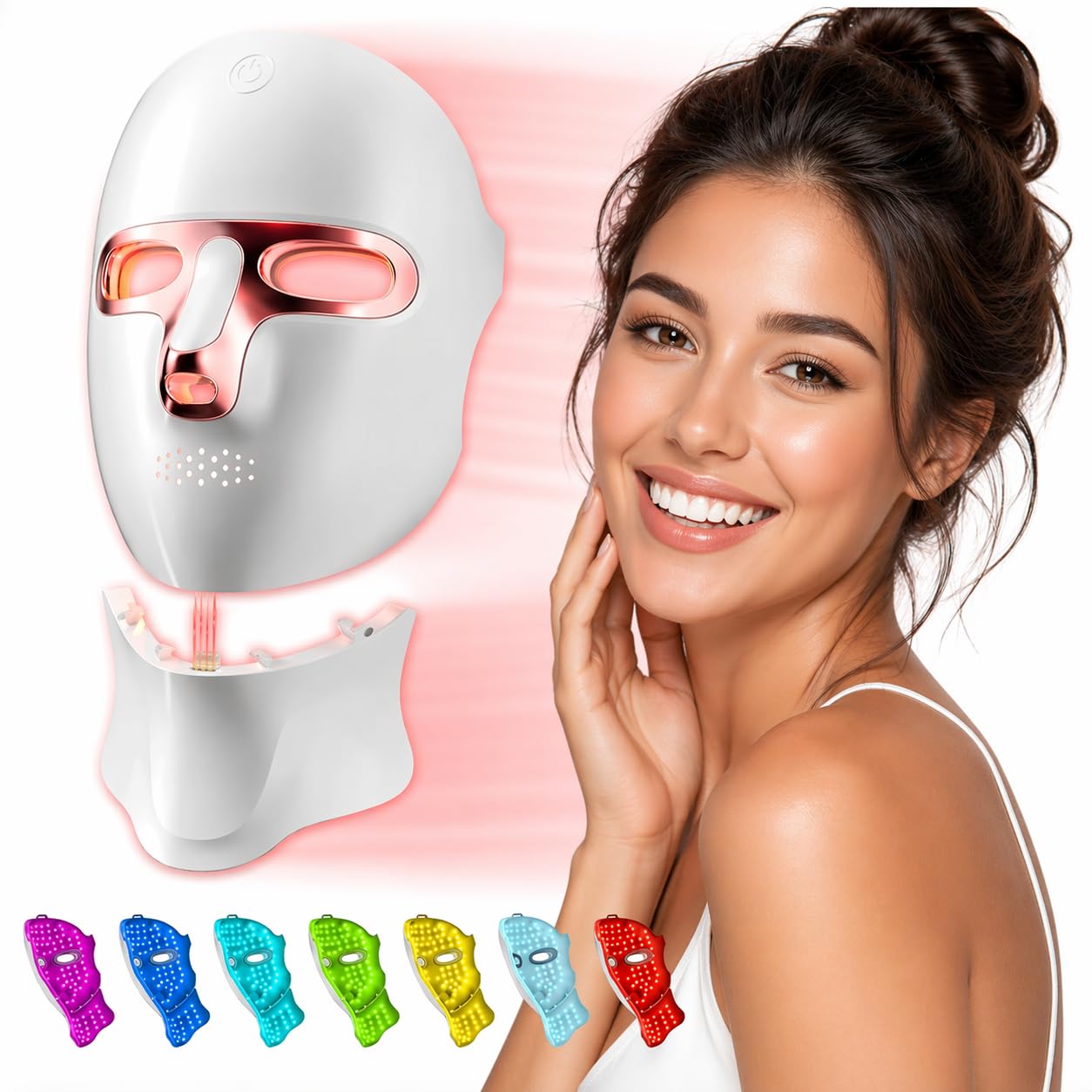 Masque LED Visage et Cou 7 Couleurs The Glow Care, Luminothérapie Anti-Rides Anti-Acné Anti-Taches, Appareil LED Rechargeable USB, Soin Professionnel Maison, Certifié CE