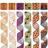 MEEDEE Halloween Wired Ribbon 2.5 Inch Pumpkin Ribbon Purple Halloween Ribbon for Wreaths Orange Halloween Ribbon Wired 6 Rolls 36 Yards Spiderweb Ribbon Jack-o'-Lanterns Halloween Wreath Supplies