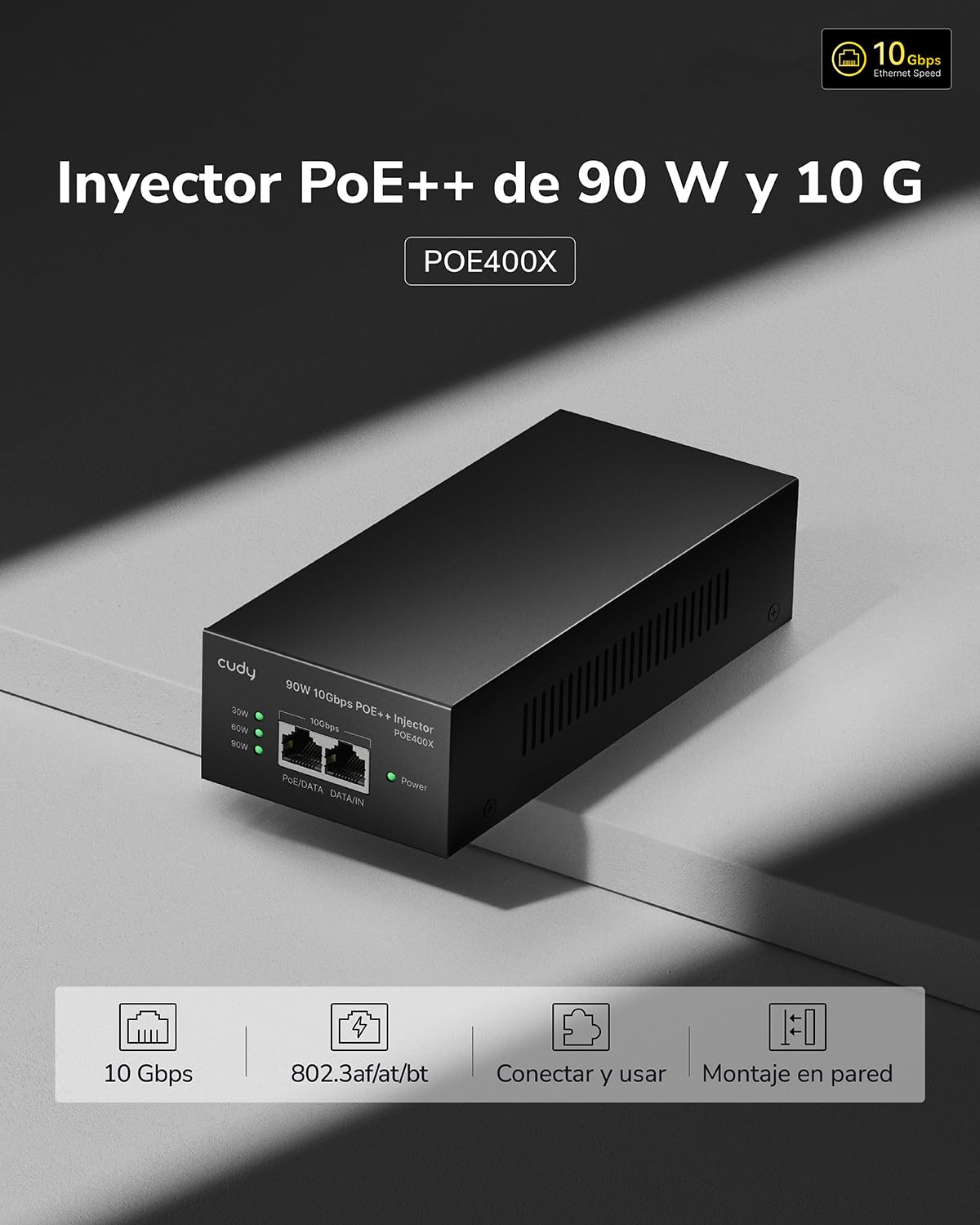 Cudy POE400X 90W 10G Ultra PoE++ Adaptador de inyector, 802.3bt/802.3at/802.3af, fuente de alimentación Ultra de hasta 90 W, RJ-45 blindado de 10 Gbps, Plug & Play, carcasa de metal