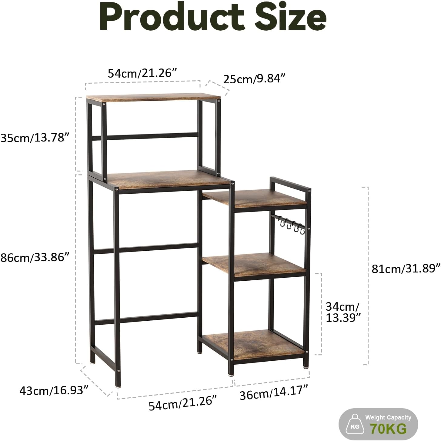 Adjustable 5-Tier Kitchen Storage Rack – Heavy Duty Carbon Steel Shelving Unit with High Load-Bearing, for Microwave Coffee Maker Mini Fridge, Dorm Room Home Organization Black