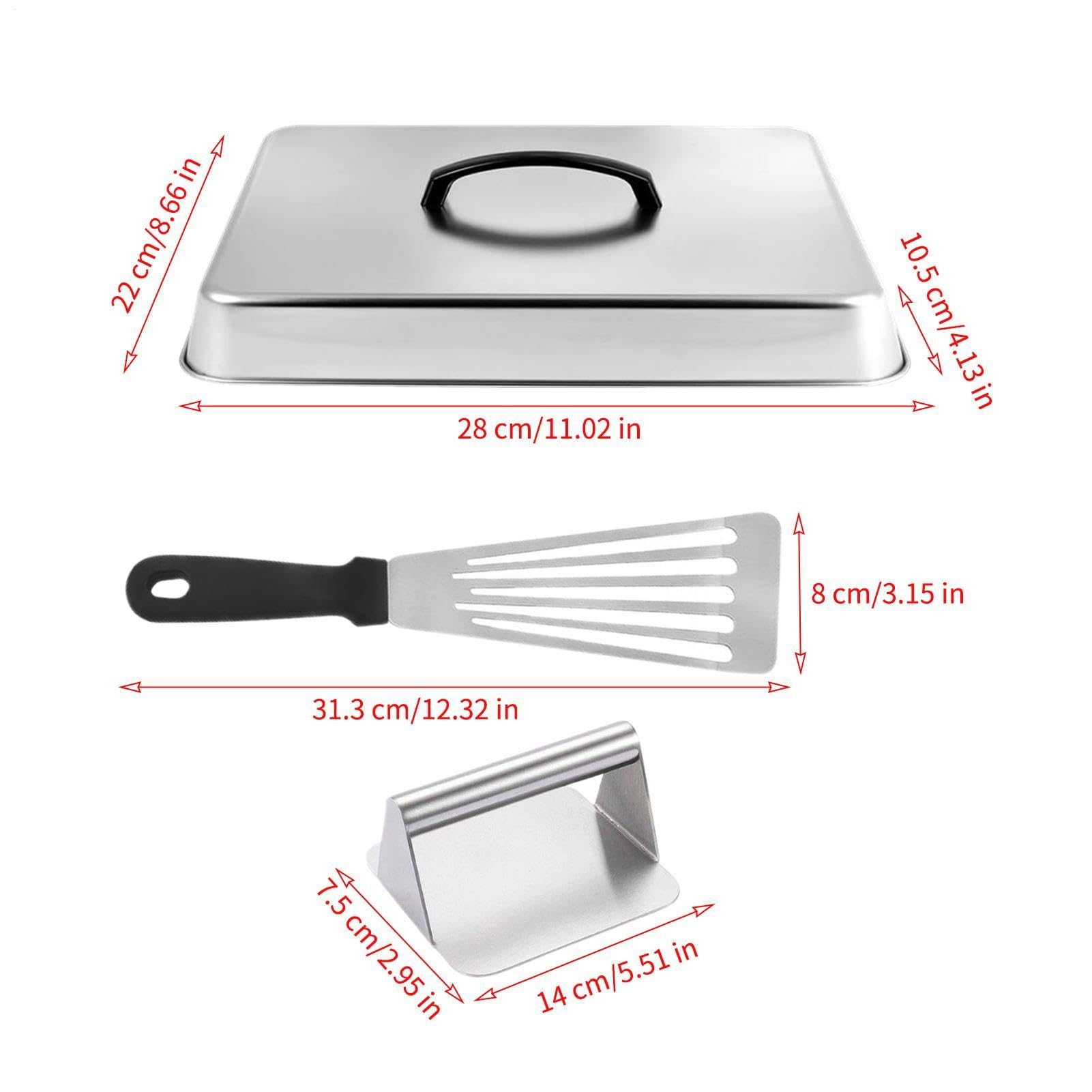 Grilldeckel in rechteckiger Form, Fleischpresse und Spatel