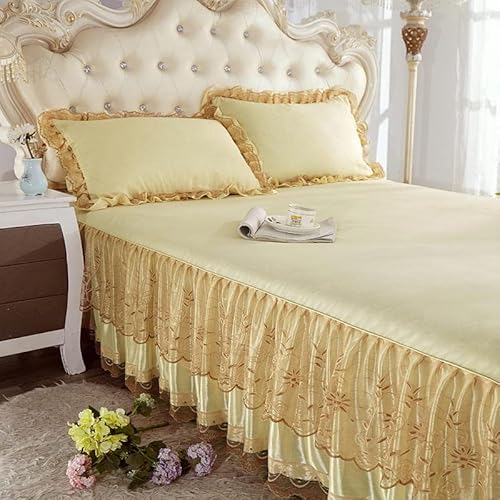 Zhiyuan Ruffle Bedspread Sheet Lace Bed Skirt And 2 Pillowcases Set, Queen, Light Yellow #TOP2
