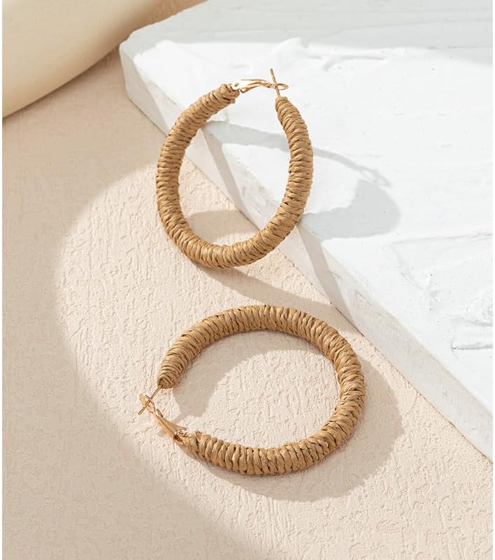 Rattan hoop Earrings Boho Raffia Woven Wicker Hoop Earrings Handmade Fashion Retro Rattan Earrings for Women Big Circle Dangle Earrings - Image 2
